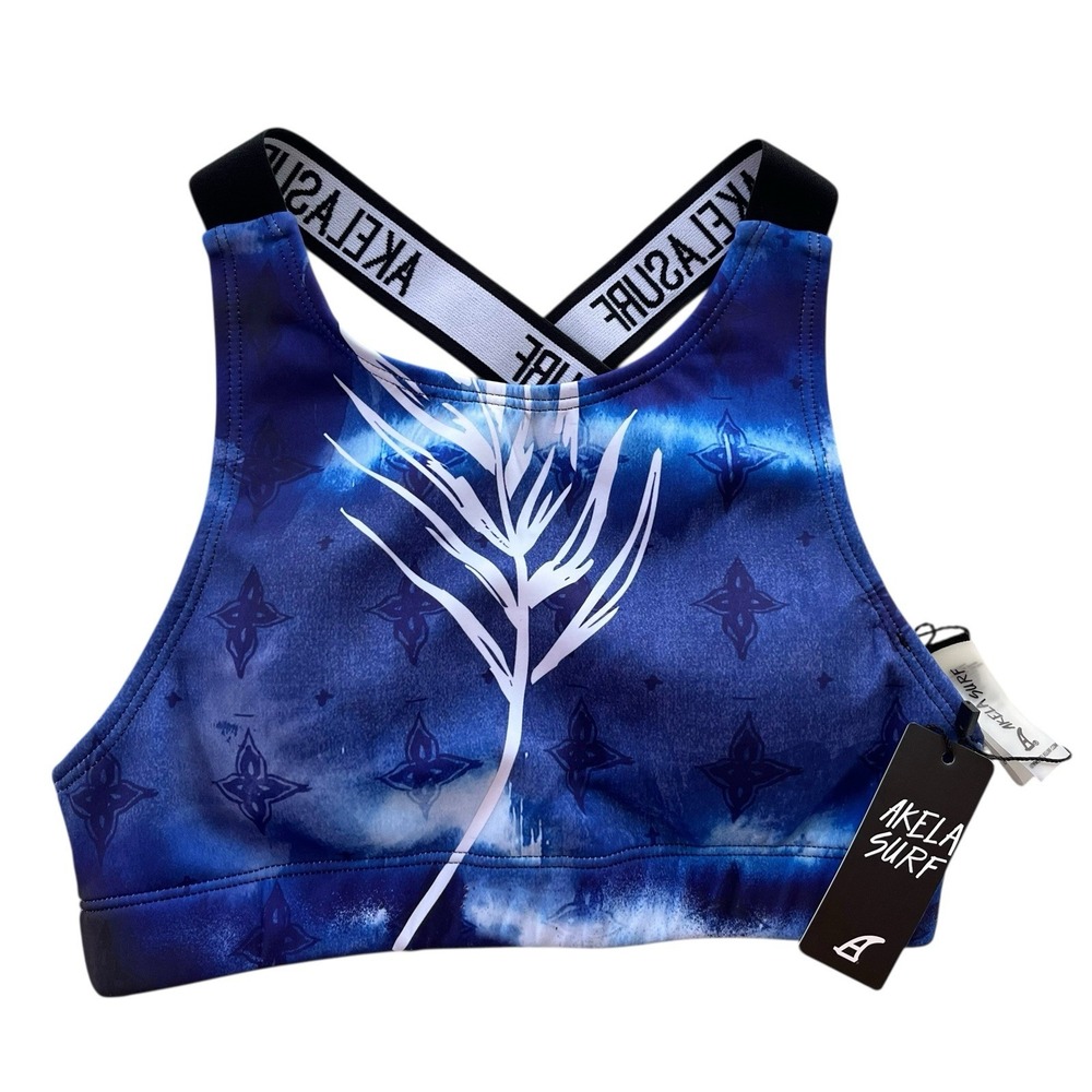 Akela Surf Women's Sma Blue Black Kahanu Racerback Duck Tex High Neck Bikini Top